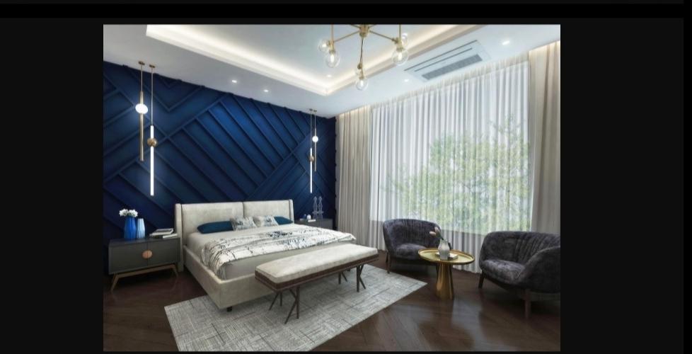 Blue bedroom suite with upholstered bed