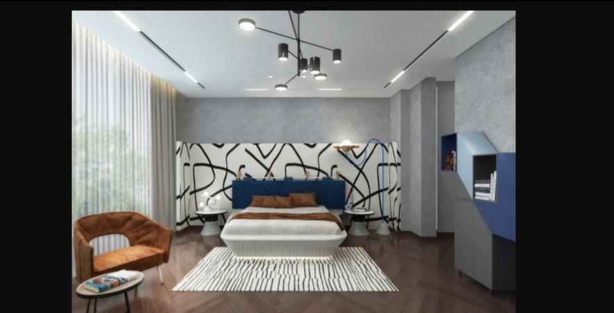 Modern bedroom with geometric headboard